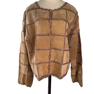 Vintage S.M.H Womens 1X Tan Leather Crochet Patchwork Button Front Boho Jacket
